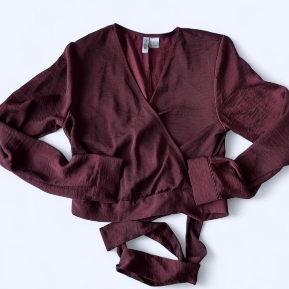 H&M Womens Burgundy Long Sleeve V-Neck Wrap Front Holiday Party Top Blouse 6 - Picture 3 of 10